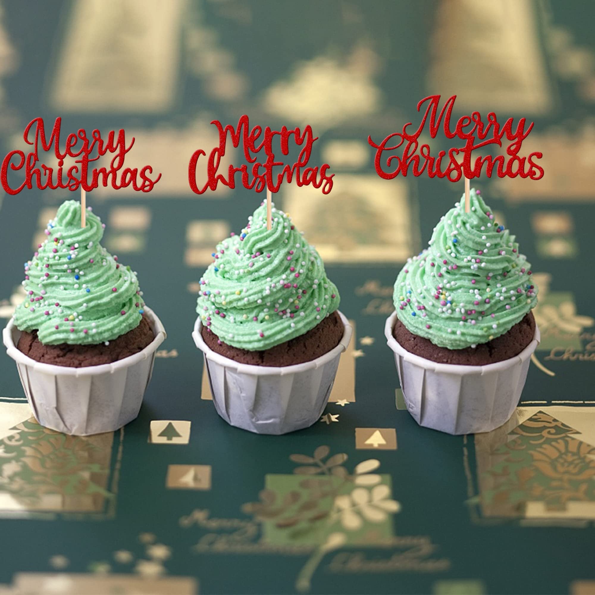 24PCS Merry Christmas Cupcake Toppers Glitter Christmas Eve Xmas Cupcake Picks for Celebrating Cake Decorations SP-103