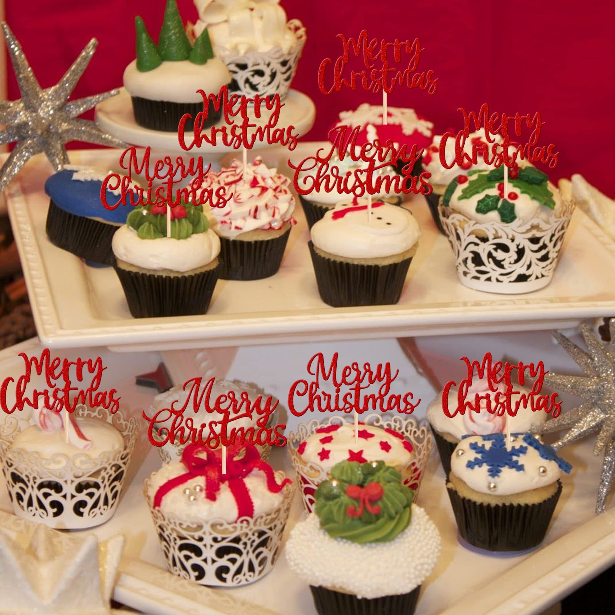 24PCS Merry Christmas Cupcake Toppers Glitter Christmas Eve Xmas Cupcake Picks for Celebrating Cake Decorations SP-103