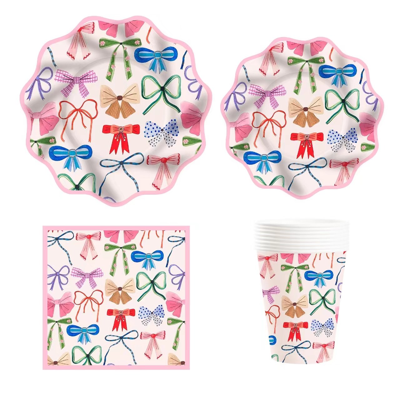 DAMAI Bowknot Birthday Party Supplies Disposable Paper Plates Cups for Girl Party Pink Birthday Decorations