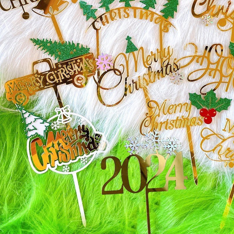 Ychon 2025 new year Christmas green cake decoration acrylic gold cake plugin with snowflake red berry christmas tree cake topper