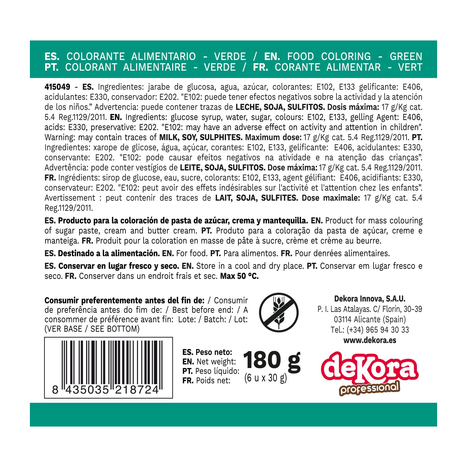Dekora Brand Set 6 Food Colouring Paste Green Color 30Gram Per Bottle Baking Food Color Gel