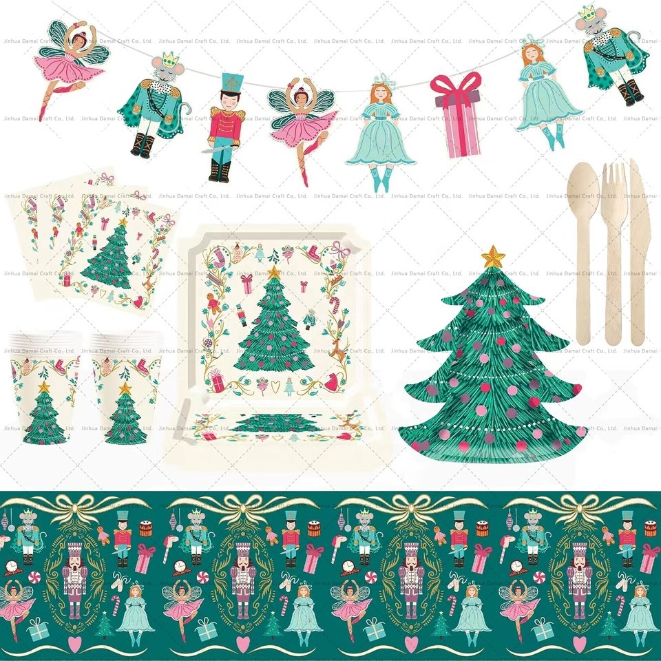 Wholesale Xmas Dinnerware Set Christmas Nutcracker Garland and Disposable Tableware Children's Party Plates Paper Cups