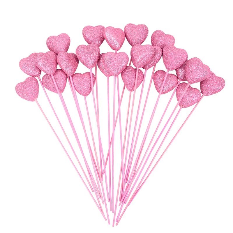 Pink Red Glitter Foam Hearts Picks Stick for Valentine's Day Flower Bouquet Home Vase Picks Wedding DIY Accessories Cake Topper