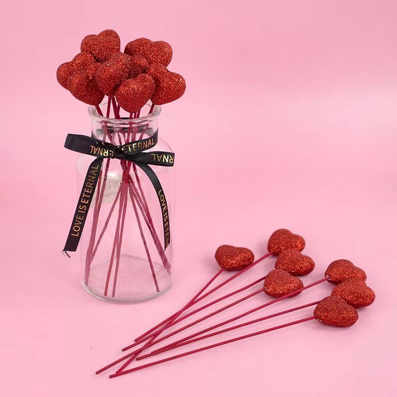 Pink Red Glitter Foam Hearts Picks Stick for Valentine's Day Flower Bouquet Home Vase Picks Wedding DIY Accessories Cake Topper