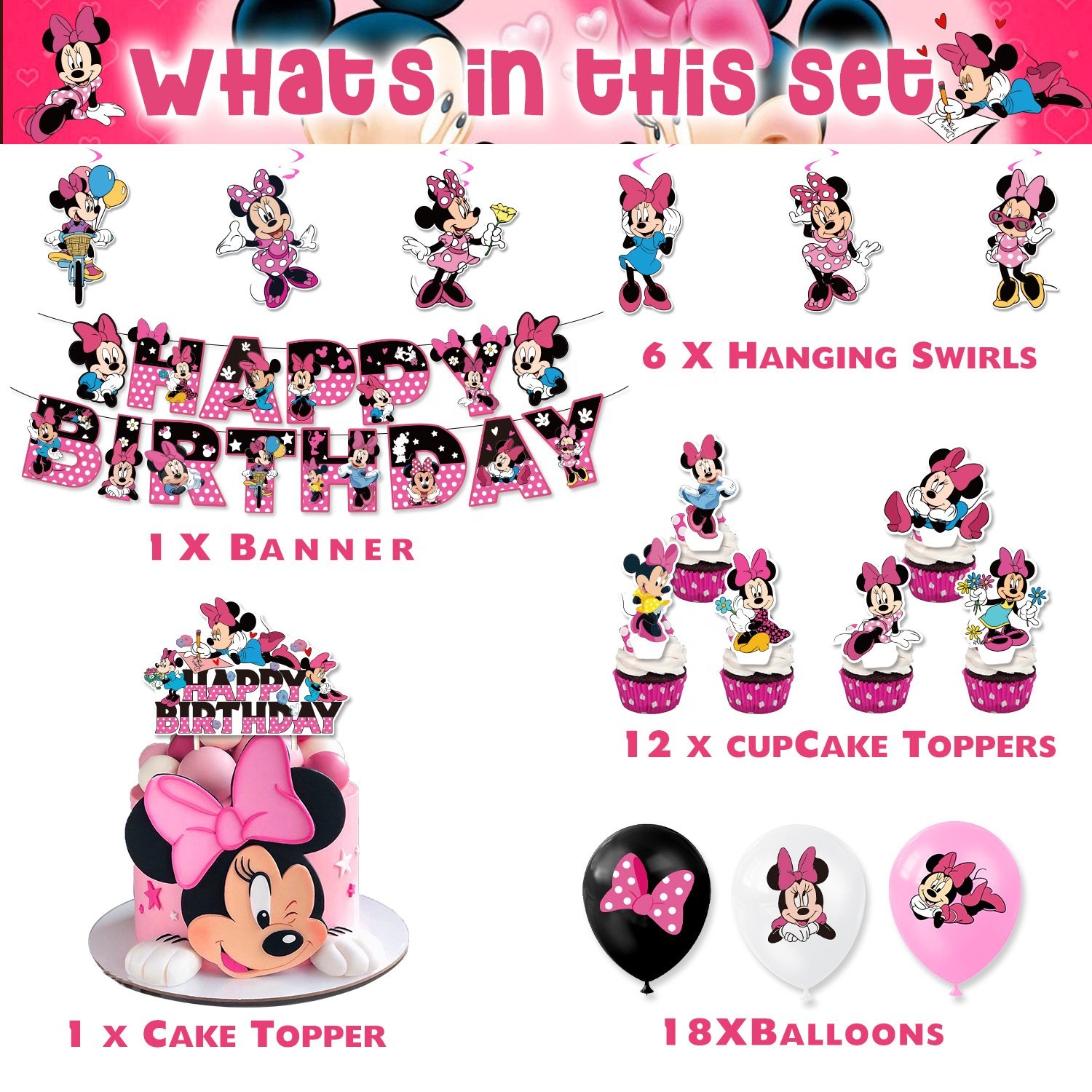 Nice Cartoon Lovely Minnie Theme Birthday Party Decoration Set Cake Topper Banner Latex Balloon Party Decoration Supplies