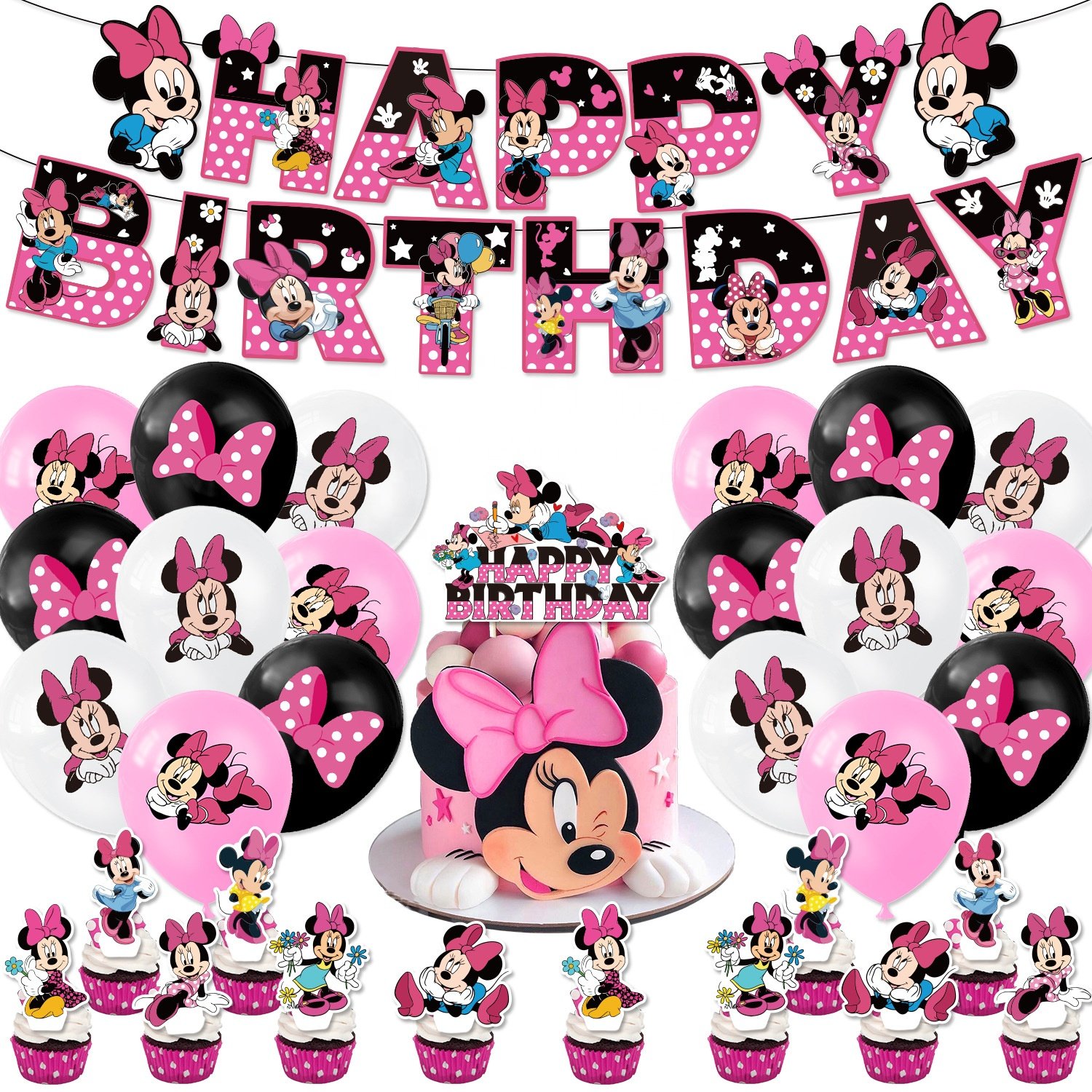 Nice Cartoon Lovely Minnie Theme Birthday Party Decoration Set Cake Topper Banner Latex Balloon Party Decoration Supplies