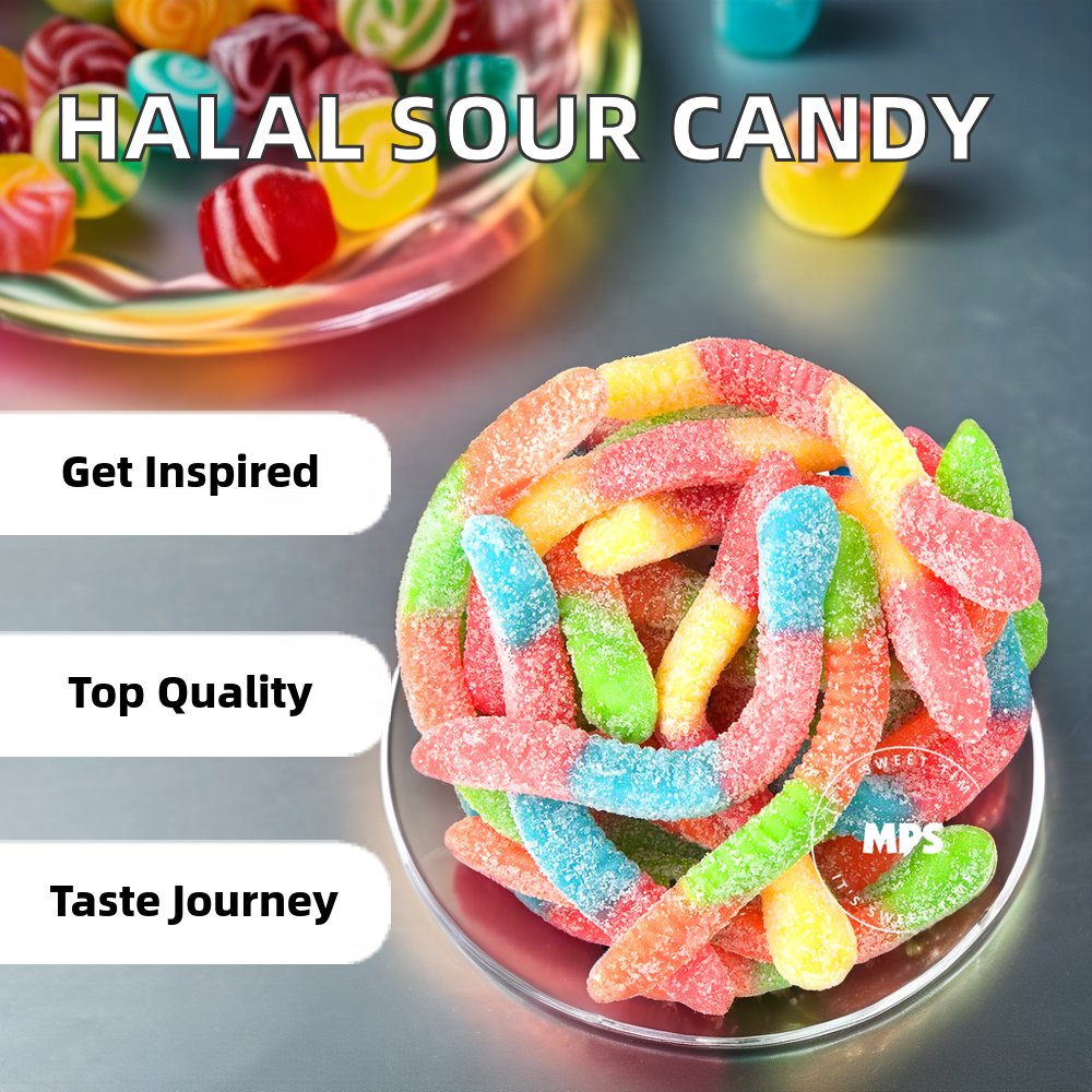 Oem Colorful Halal Sugar Coated Sour Worm Jelly Gummy Candy Manufacturer