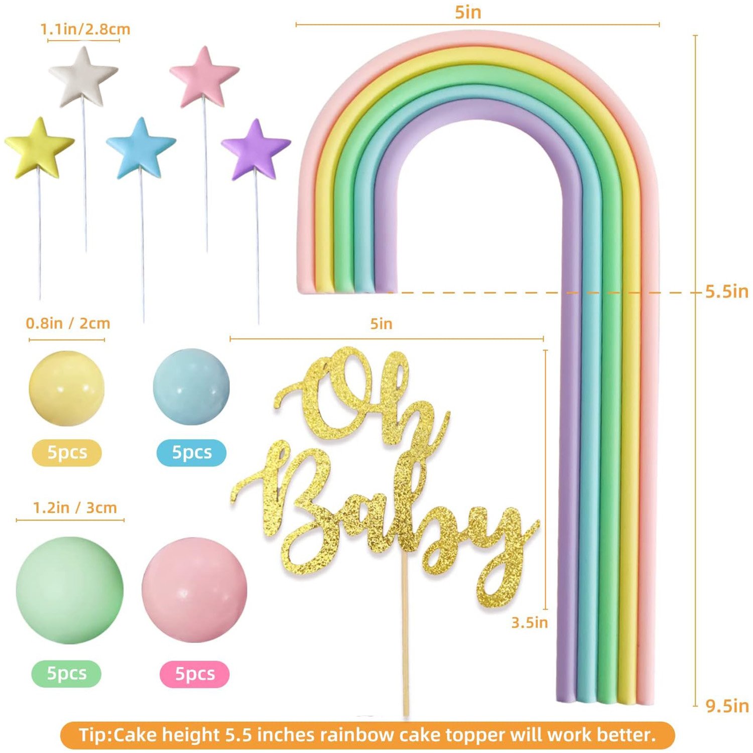Oh Baby Cake Toppers Rainbow Cake Decorations for Baby Shower Newborn Birthday Welcome Baby Themed Party Supplies