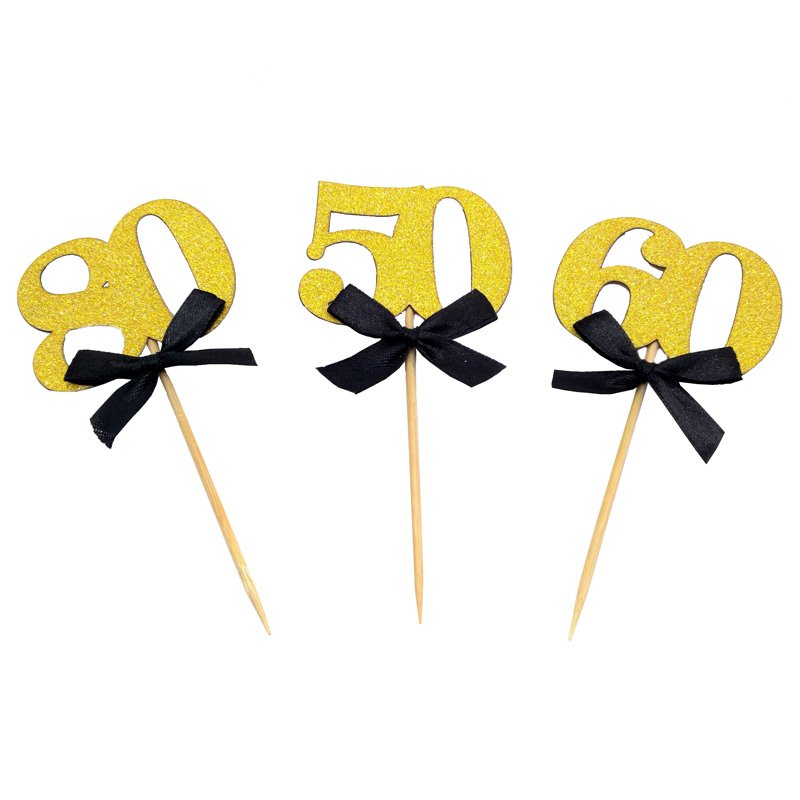 Bowknot 21st 30th 50th Adult Happy Birthday Cake Decoration Black Cupcake Pastry Gold Glitter Paper Number Birthday Cake Topper