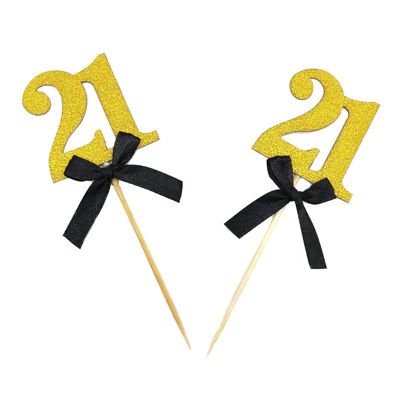 Bowknot 21st 30th 50th Adult Happy Birthday Cake Decoration Black Cupcake Pastry Gold Glitter Paper Number Birthday Cake Topper