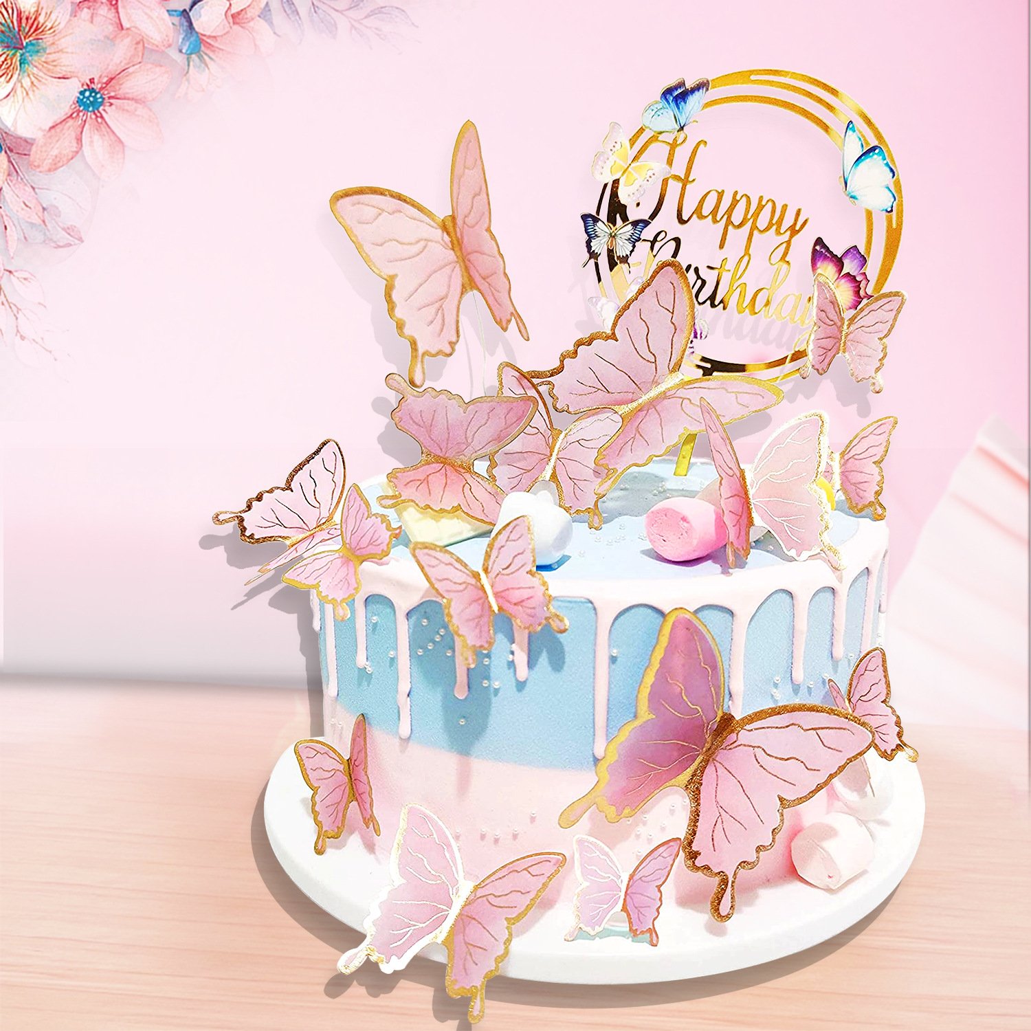 Pink Butterfly Set 16pcs Sset Cupcake Toppers Girl's Party Supplies For Baby Shower Cakes Party Decorating
