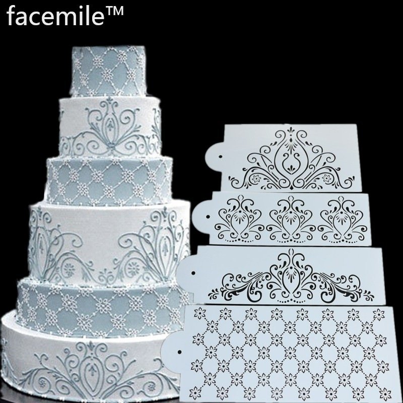 Wholesale PVC 3pcs cake stencil for decoration reusable Fondant birthday cake embossing hollow flower pattern cake stencil