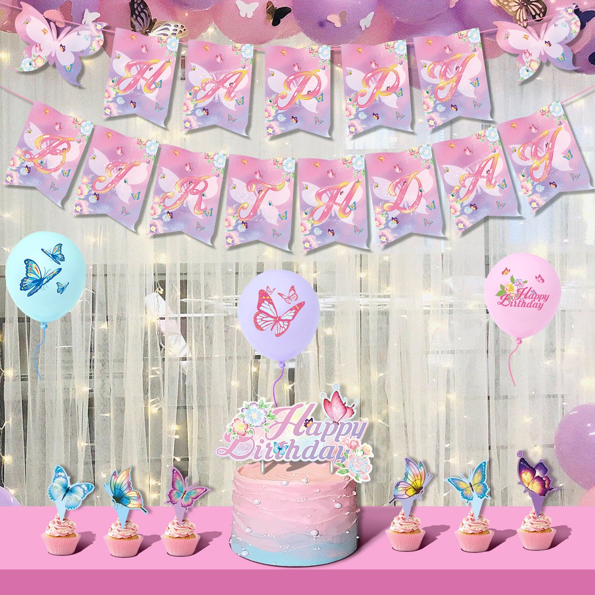 Pastel Pink Purple Blue Butterfly Girl Birthday Party Banner Cake Topper Latex Balloon Decoration Princess Party Baby Shower