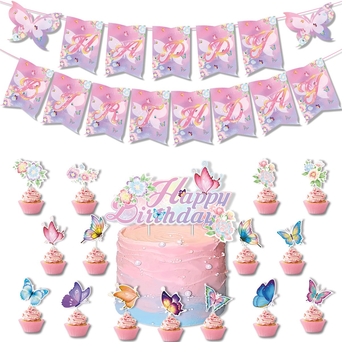 Pastel Pink Purple Blue Butterfly Girl Birthday Party Banner Cake Topper Latex Balloon Decoration Princess Party Baby Shower