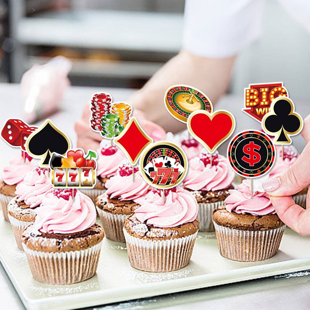12Pcs Casino Cupcake Toppers Casino Poker Theme Party Decorations for Las Vegas Casino Night Poker Events Birthday Supplies