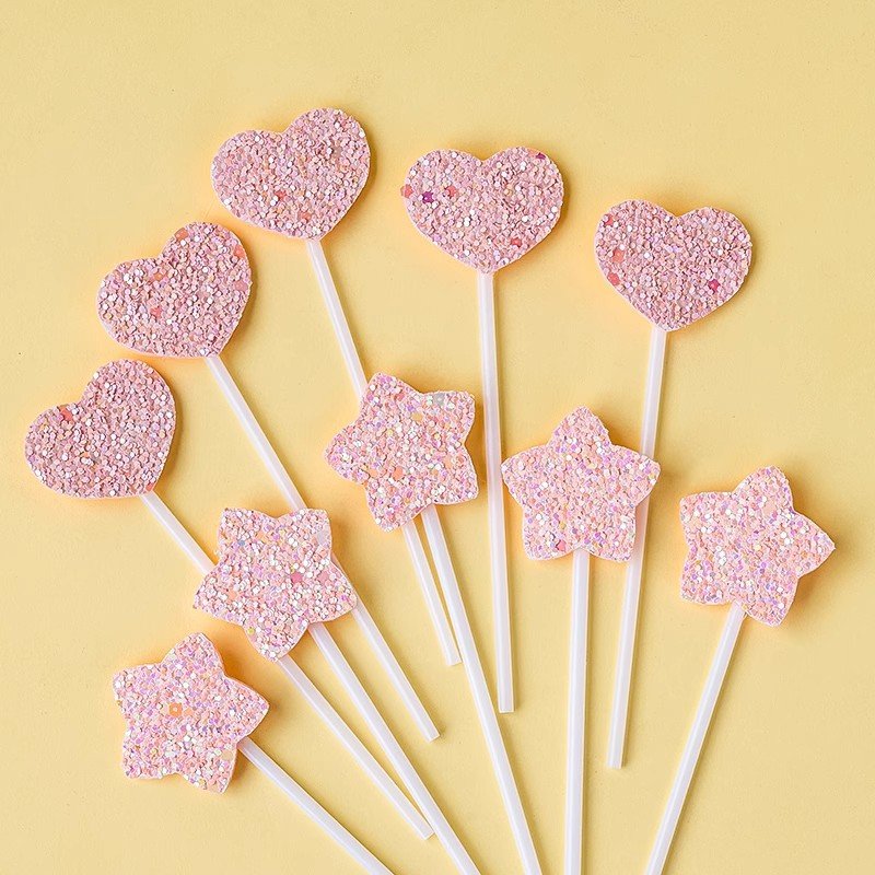 Pafu 5pcs Party Supplies Wedding Graduation Birthday Cake Decorations Little Glitter Pink Blue Heart Star Sequin Cupcake Toppers