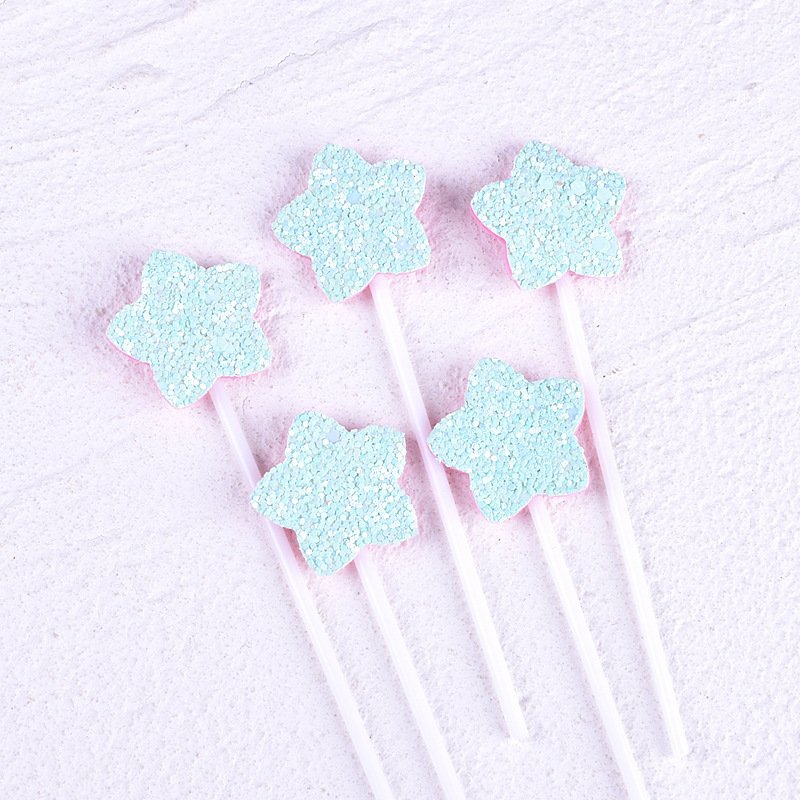 Pafu 5pcs Party Supplies Wedding Graduation Birthday Cake Decorations Little Glitter Pink Blue Heart Star Sequin Cupcake Toppers