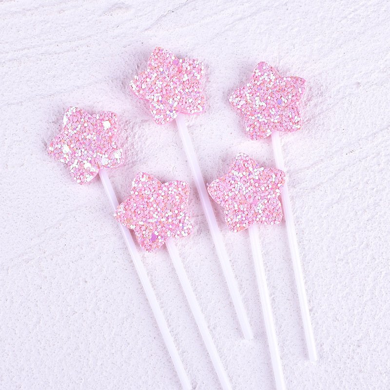 Pafu 5pcs Party Supplies Wedding Graduation Birthday Cake Decorations Little Glitter Pink Blue Heart Star Sequin Cupcake Toppers