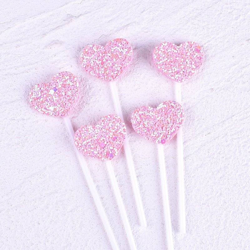 Pafu 5pcs Party Supplies Wedding Graduation Birthday Cake Decorations Little Glitter Pink Blue Heart Star Sequin Cupcake Toppers