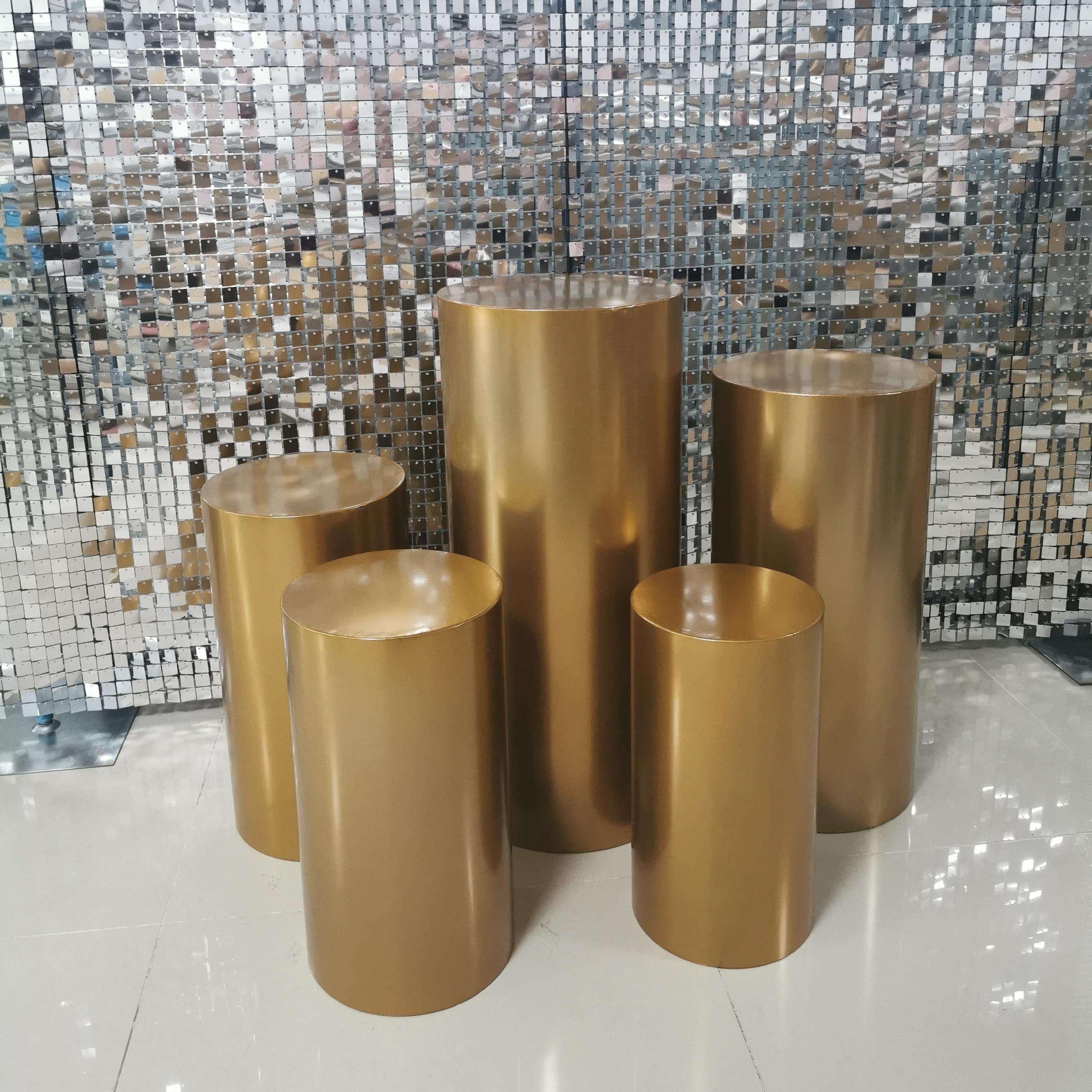 5 Pcs pedestal round pillar Cylinder Metal Round Cylinder Pedestal dessert cake Display Silver Mirror Plinths Stand For Wedding