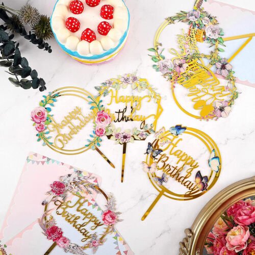 Beautiful Flower Baking Decor Cupcake Happy Birthday Wedding Party Anniversary Number Flower Print Acrylic Cake Topper Decor