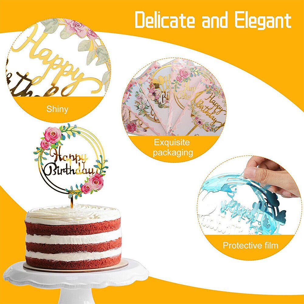 Beautiful Flower Baking Decor Cupcake Happy Birthday Wedding Party Anniversary Number Flower Print Acrylic Cake Topper Decor