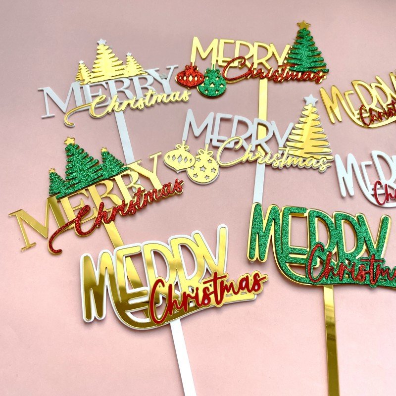 Ins Wind Merry Christmas Decorated Glitter Paper Double Acrylic Cake Placard Merry Christmas Acrylic Cake Topper