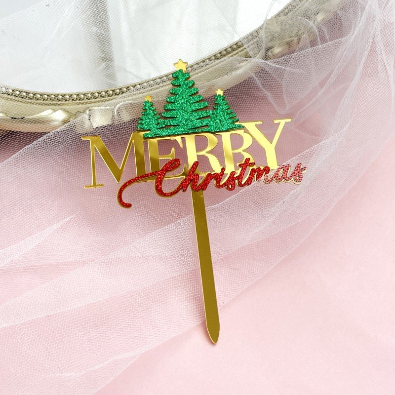 Ins Wind Merry Christmas Decorated Glitter Paper Double Acrylic Cake Placard Merry Christmas Acrylic Cake Topper
