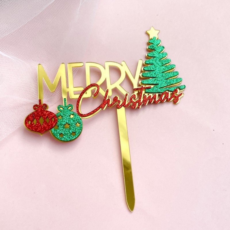 Ins Wind Merry Christmas Decorated Glitter Paper Double Acrylic Cake Placard Merry Christmas Acrylic Cake Topper