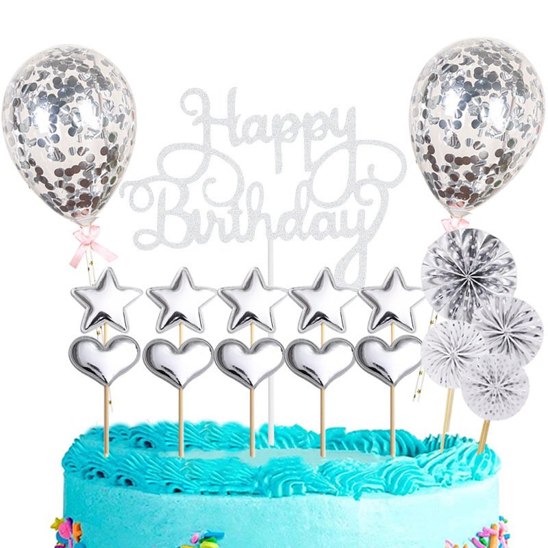 17pcs Rose Gold Stars Cake Toppers Confetti Balloon Topper Set For For Girl Kid Women Party Decor