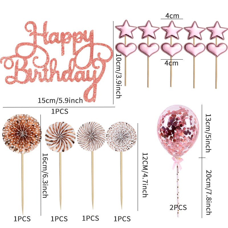 17pcs Rose Gold Stars Cake Toppers Confetti Balloon Topper Set For For Girl Kid Women Party Decor