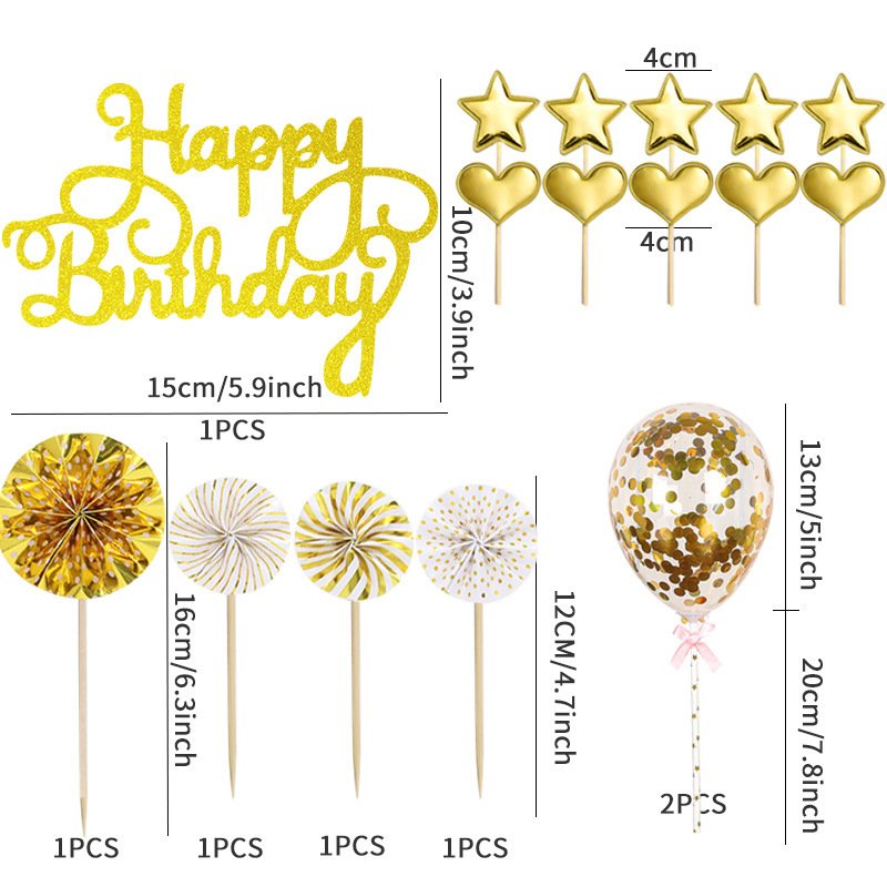 17pcs Rose Gold Stars Cake Toppers Confetti Balloon Topper Set For For Girl Kid Women Party Decor