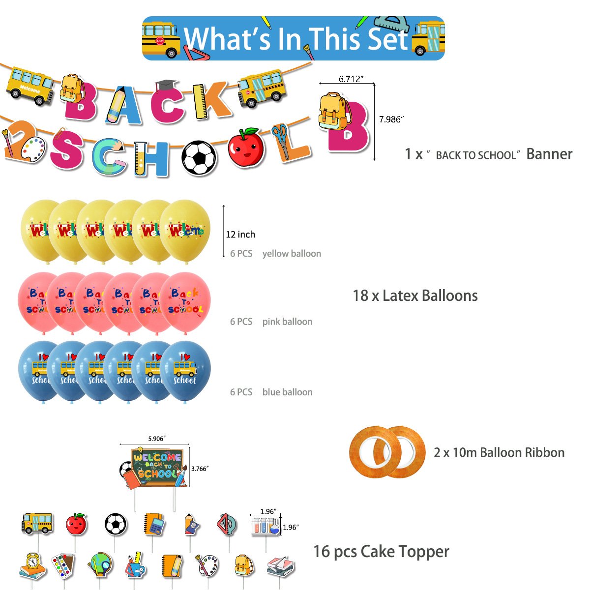 Back To School Theme Welcome Student Season Ceremony Party Decoration Banner Balloons Cake Topper Party Supplies Set