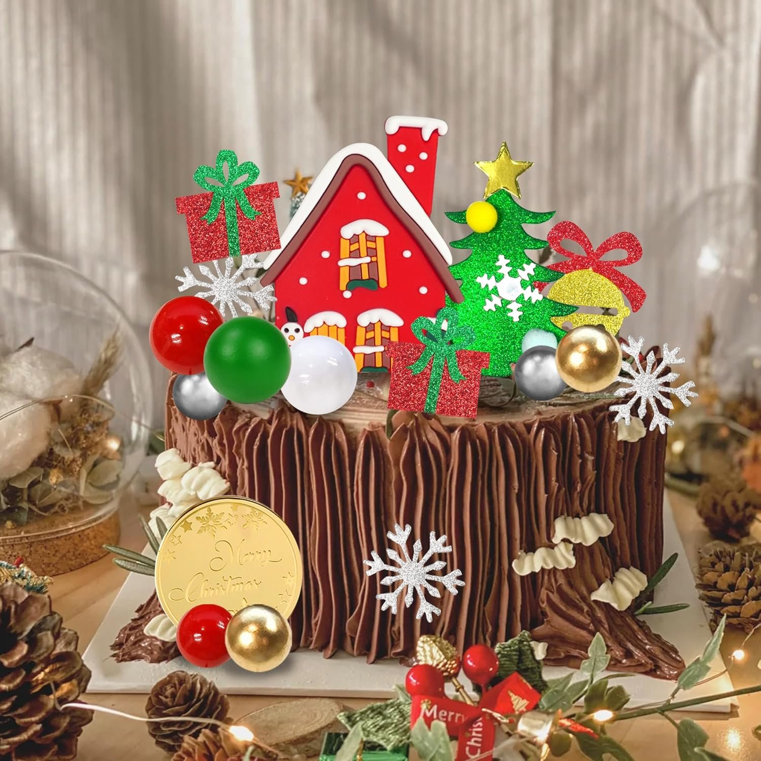Merry Christmas Cake Decoration Pearl Ball Cake Picks for DIY Cake Insert Decorations Winter Xmas Birthday Party Supplies
