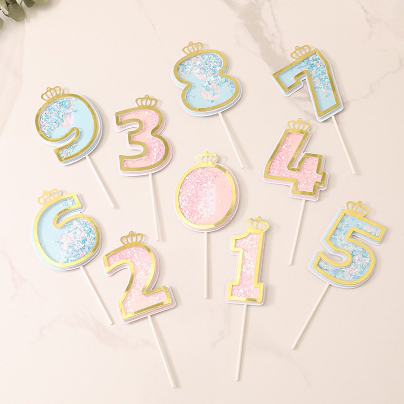Manufacturers direct cake decoration creative flash Blue 0-9 digital with crown happy birthday cake toppers wholesale