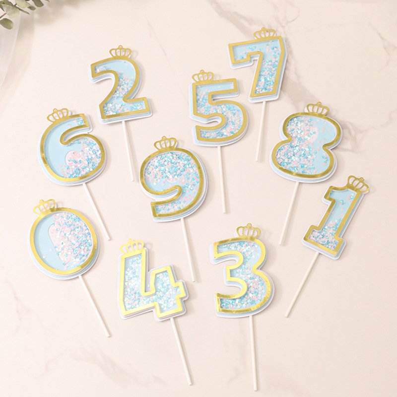 Manufacturers direct cake decoration creative flash Blue 0-9 digital with crown happy birthday cake toppers wholesale