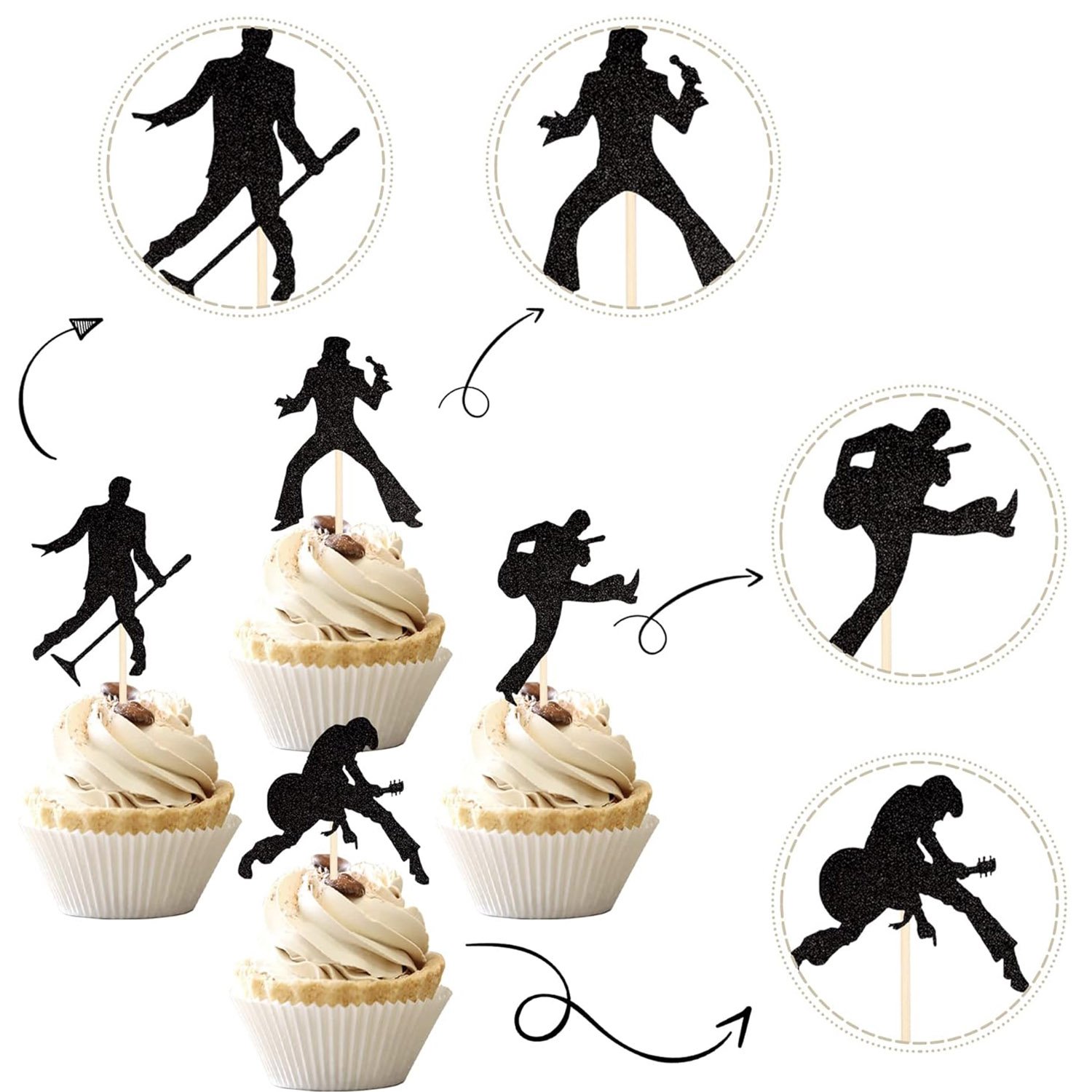 24 PCS 70's Disco Cupcake Toppers Black Glitter 70s Disco Dancing Cupcake Picks 80's Disco Cake Deco for Birthday Party Supplies