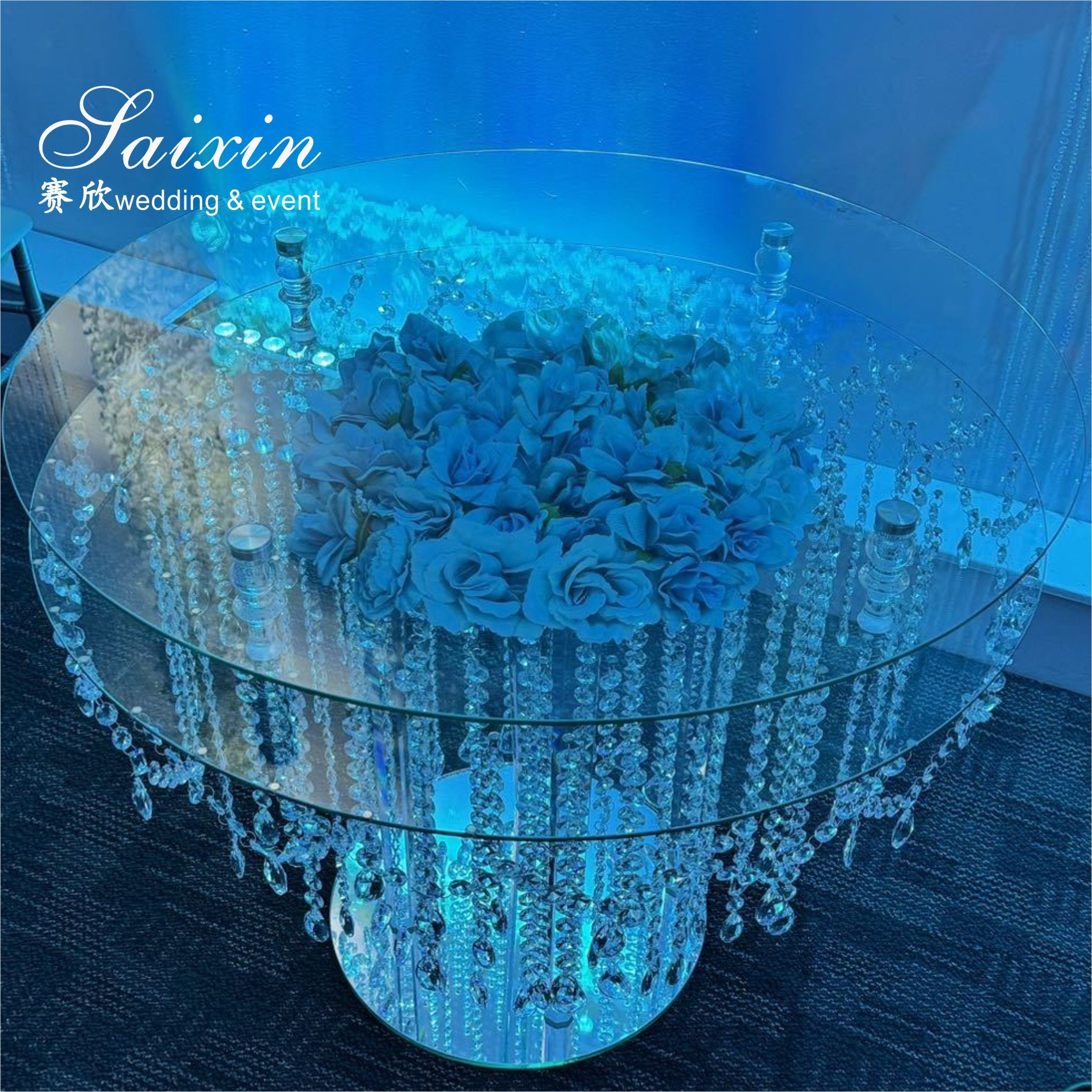 Luxury Wedding Decoration 2 Layers Crystal Round Cake Table With Hanging Crystals