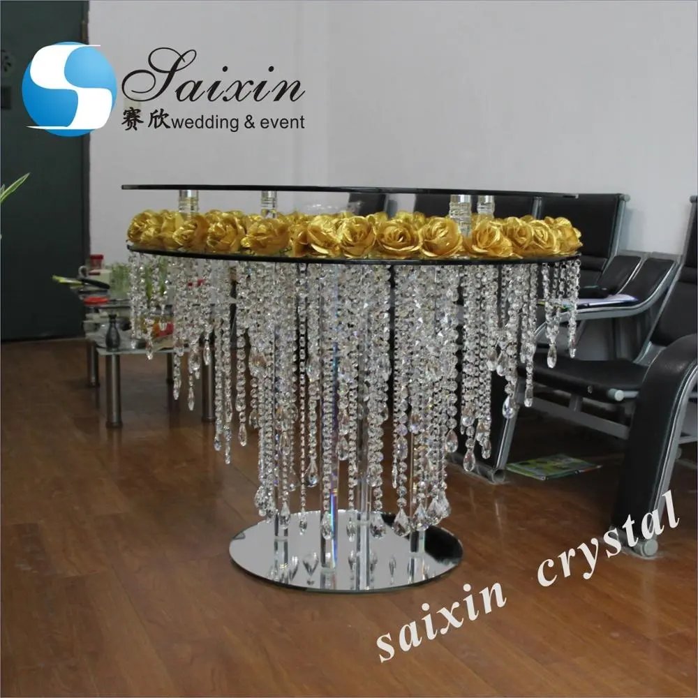 Luxury Wedding Decoration 2 Layers Crystal Round Cake Table With Hanging Crystals