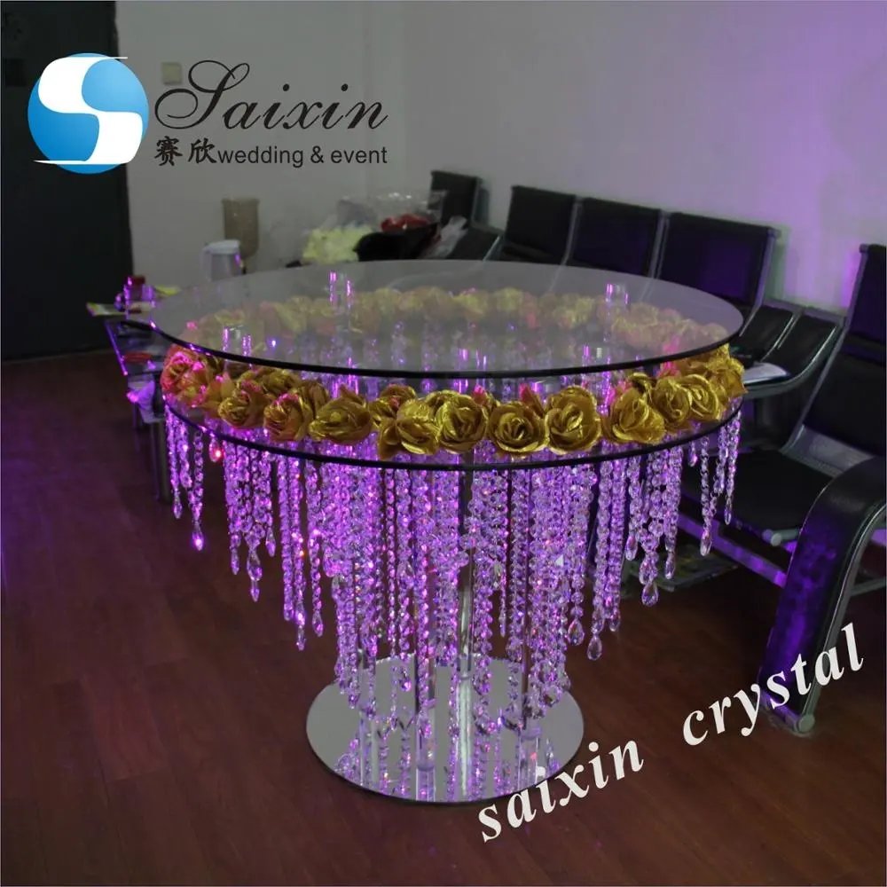 Luxury Wedding Decoration 2 Layers Crystal Round Cake Table With Hanging Crystals
