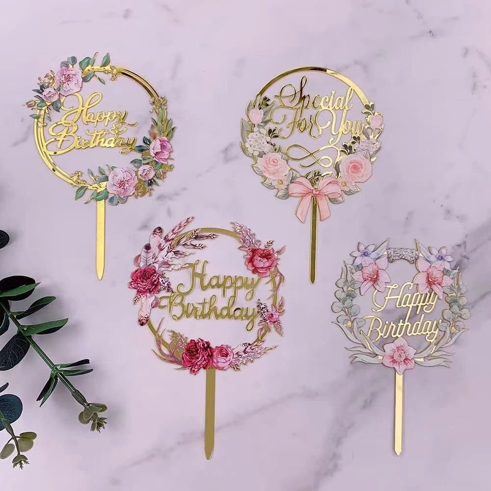 Gold Flower Acrylic Happy Birthday Cake Topper Cake Decoration Supplies