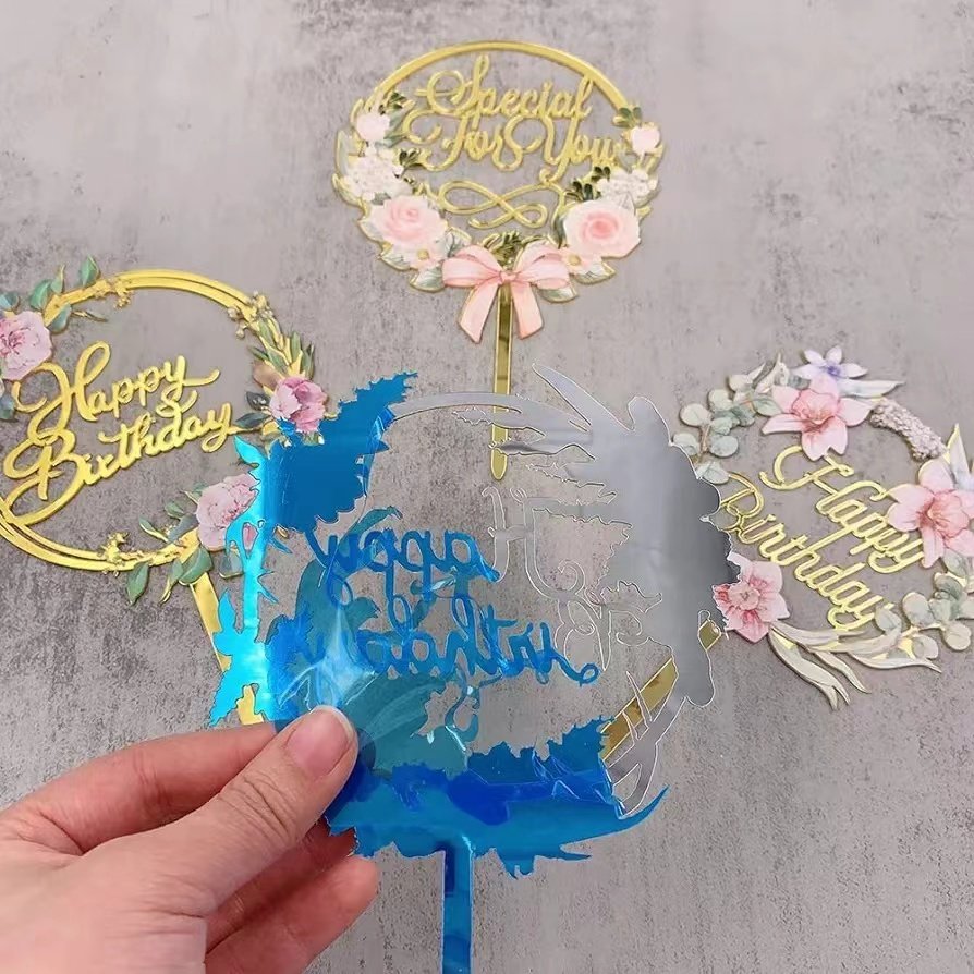 Gold Flower Acrylic Happy Birthday Cake Topper Cake Decoration Supplies