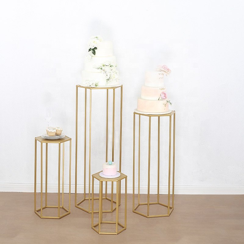 Gold Color Iron Flower Stand Beaded Gold Metal Cake Stand Centerpiece for Wedding and Party Event Table Decoration