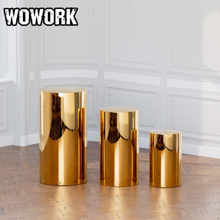 2024 WOWORK marquee letter supplies Customized Mirror Gold Stainless Steel Round Cylinder Plinth For Wedding Decoration