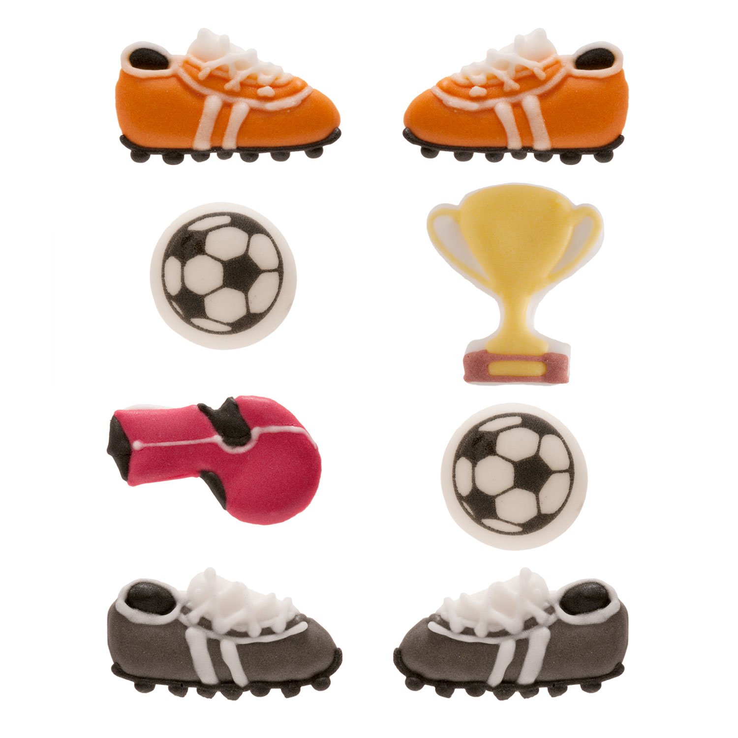 Dekora Brand Display Of 15 Blisters Edible Sugar Cake Decoration Football Shoes Whistle Design 2-3cm