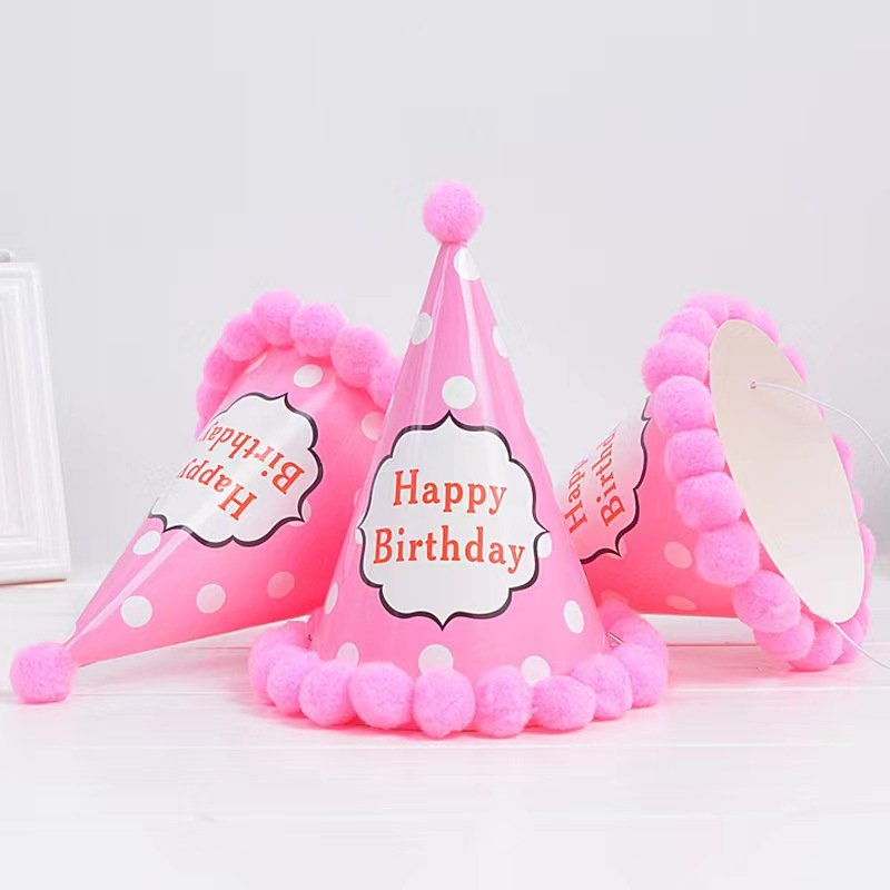 Happy Birthday Party Cone Hats for Adults & Children Pet-Friendly Hairball Decorations for Christmas & Birthday Parties