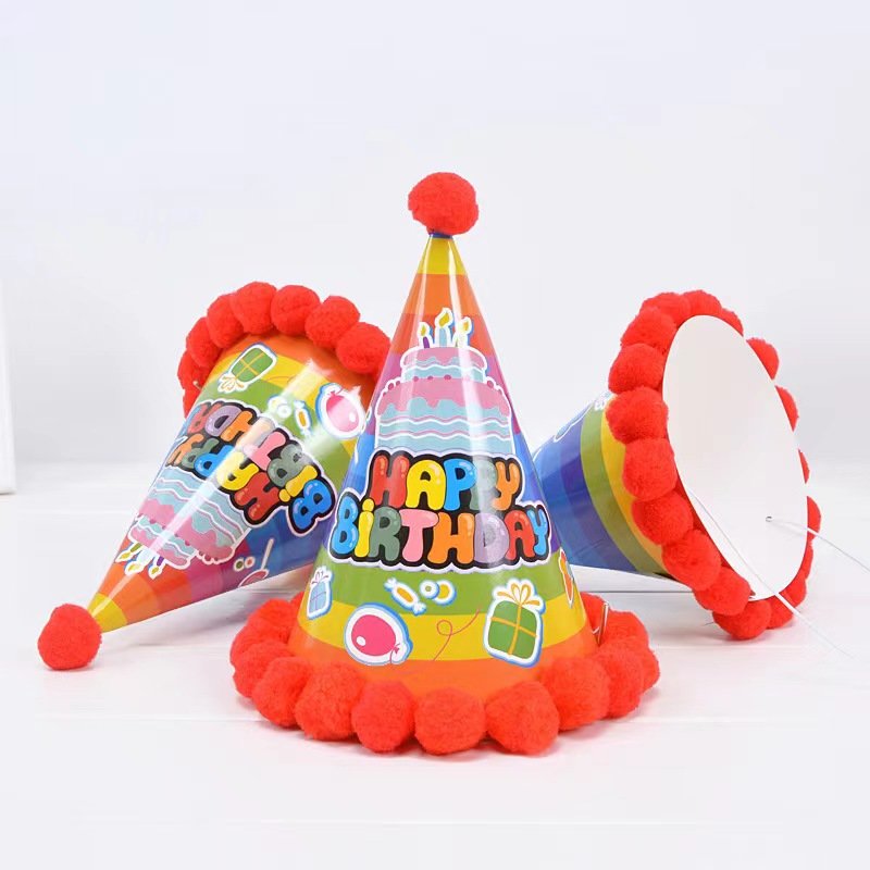 Happy Birthday Party Cone Hats for Adults & Children Pet-Friendly Hairball Decorations for Christmas & Birthday Parties