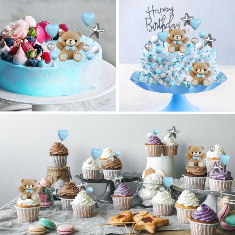 Blue Bear Baby Shower Cake Decorations Boy Birthday Gender Reveal Cake Topper Party Supplies