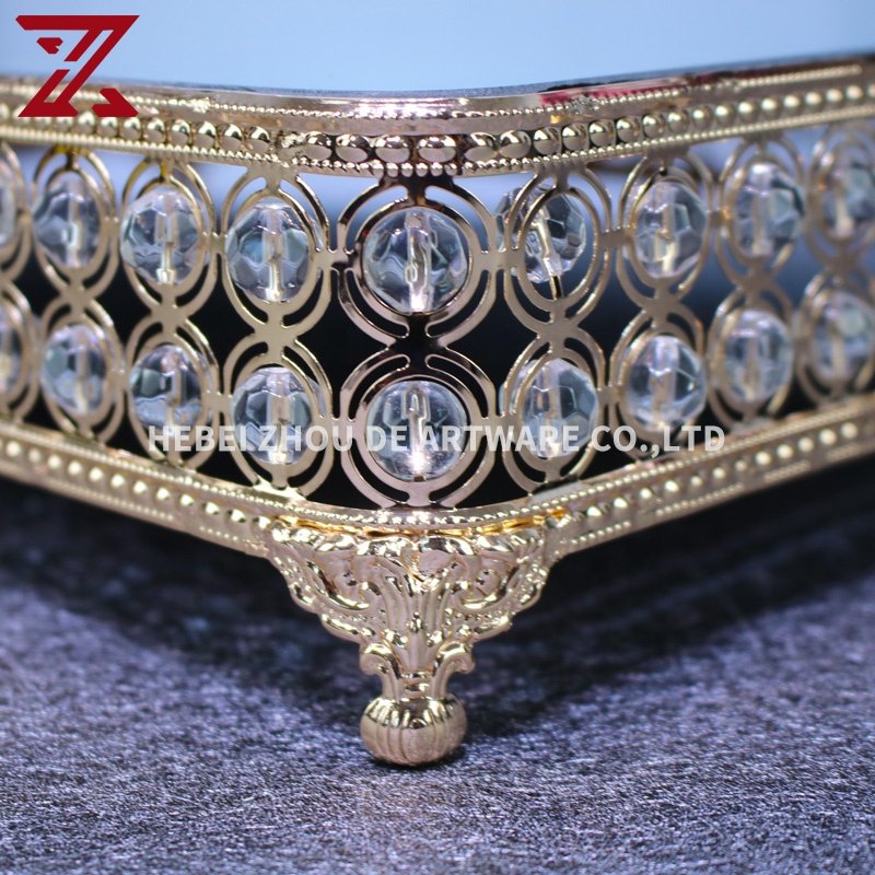 Customized metal gold glass mirror serving tray crystal beads cake stand display tools for wedding party decoration