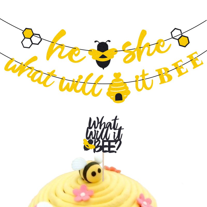 He or She What Will It Bee Banner Gender Reveal Garland with Bee and Beehive Baby Shower Glitter Party Favor Supplies Decor S254